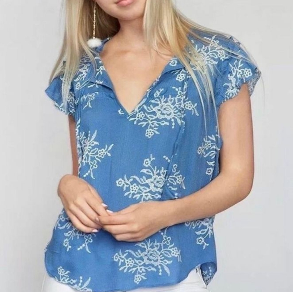 Misa Los Angeles Blue and White Floral Ale Embroidered Tie Front Blouse XS
